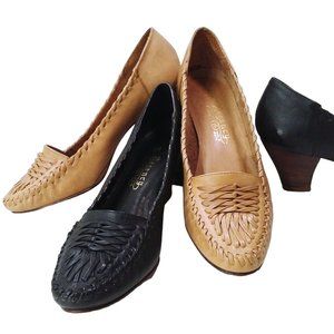 Bundle Lot of 2-pair Regency Brazil All-Leather Pumps 7M Moc-Laced Toe Tan Black